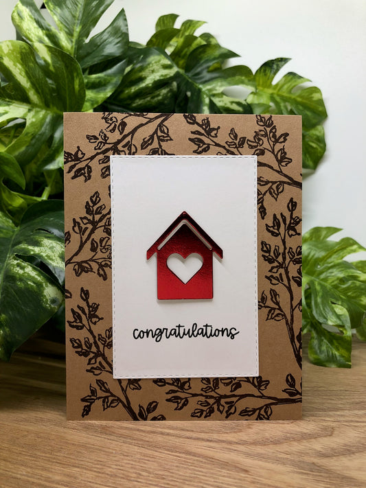 New Home Red Foil Heart Handmade Card